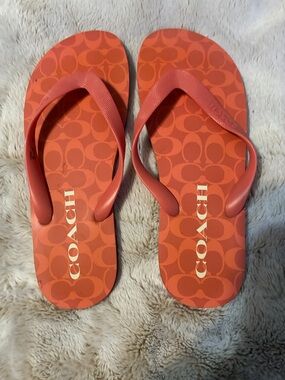 Coach Orange Logo Print Flip Flops